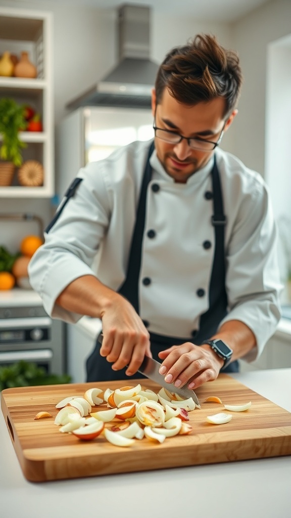 Chef chopping onions in a bright kitchen setting.